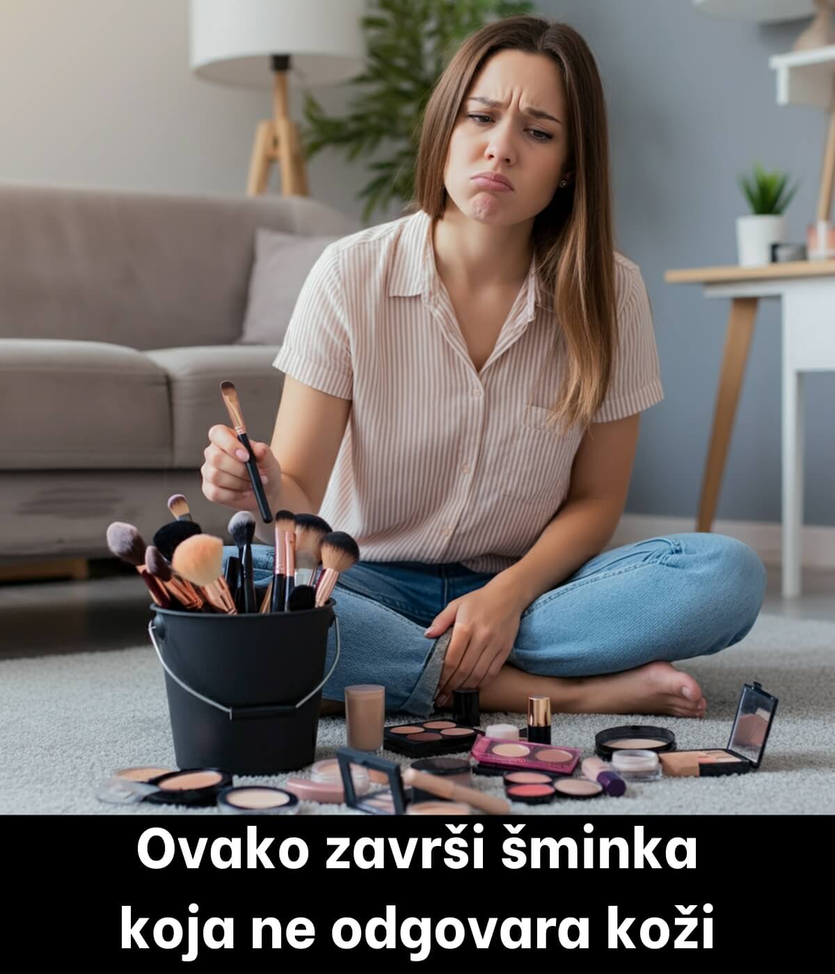 12 – Woman holding makeup products she will never use – Young 12 - Woman holding makeup products she will never use - Young