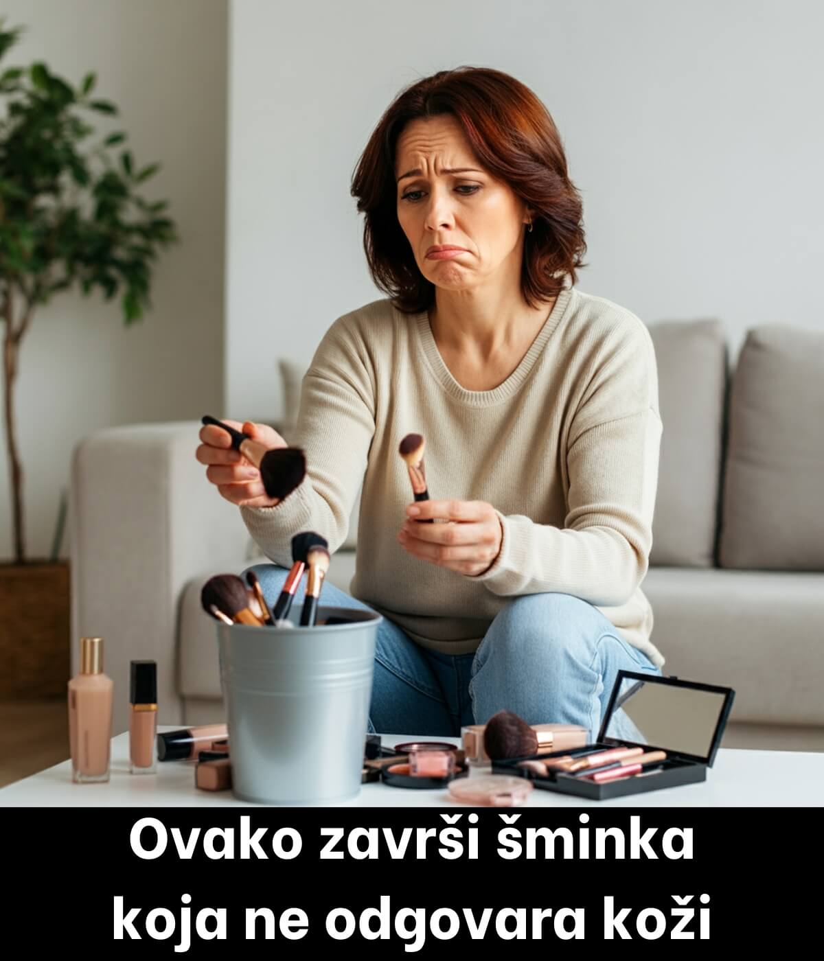 12 - Woman holding makeup products she will never use - old