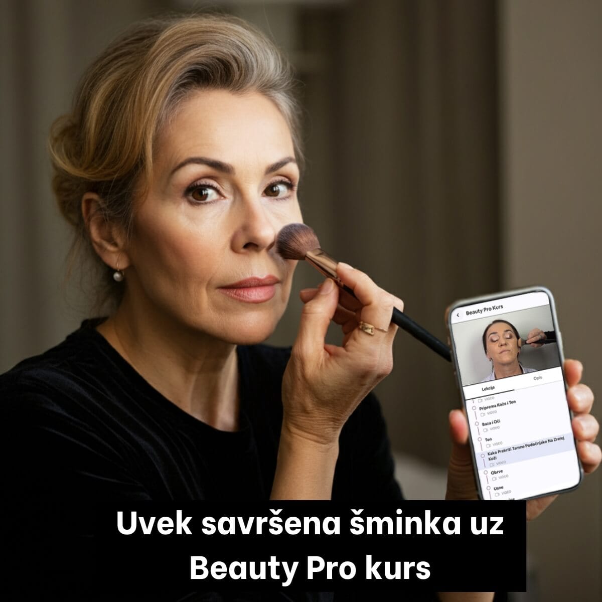 15 - Woman Doing Her Makeup By Following Beauty Pro Course - Old