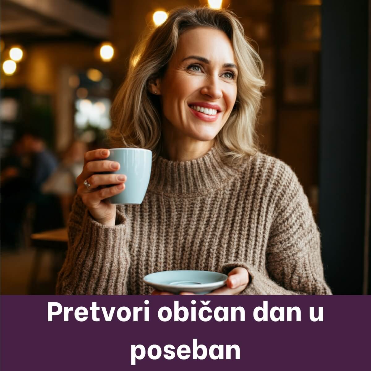 5 - Woman in a coffee shop, smiling, holding a cup of coffee - old